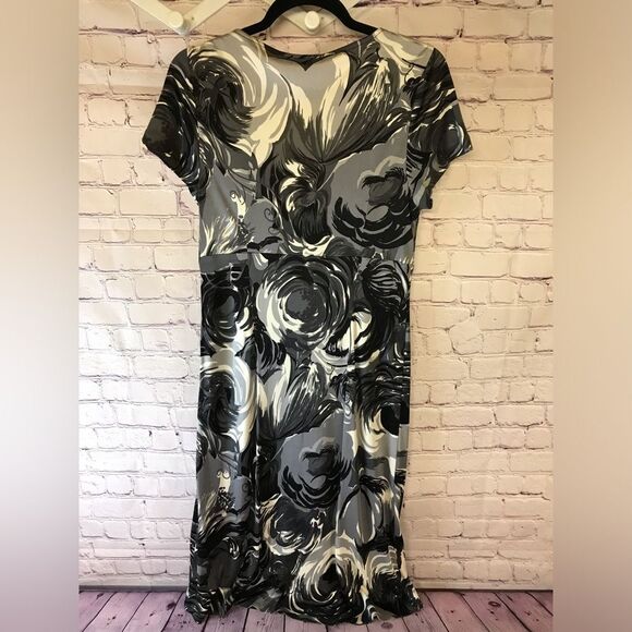 LK Bennett Black Gray White Silk Tea Midi Wrap Top Dress Cottagecore Size 8 (US) - Picture 2 of 11